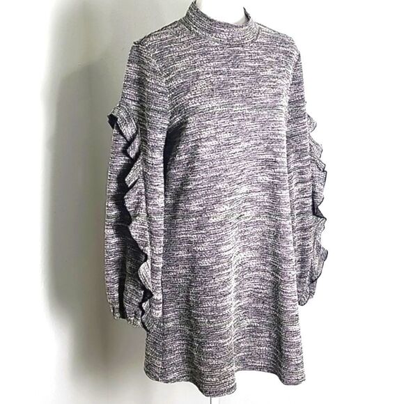 BCBGeneration Black/White Tweed Mini-Dress, Mock Turtleneck, Ruffle Sleeves, Med - Picture 4 of 11